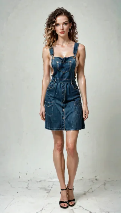 German Young Woman, Very small tits, black string thong, full Body View, no bra, blue pinafore dress German Young Woman, Very small tits, black string thong, full Body View, no bra, blue pinafore dress