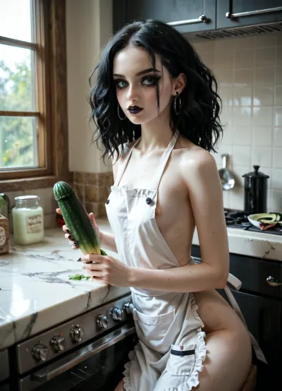 Skinny Pale goth woman sitting on kitchen counter only wearing apron, holding and staring at a cucumber, pale, skin, <lora:ahxl_v1:.8>, <lora:Pale_Skin_SDXL_v1.0:.9>