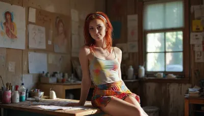 full body front view, strong light from the side, skinny confident hippy woman in sexy clothes, chucks, mini dress, colorful top, headband, red hair, silent smile, sits on table, opened thighs, (shaved highlighted pussy:1), She has a lot of desire for quick sex and looks at the viewer with a very longing look, her posture and every fiber of her body signals, "Fuck Me" she sits lazily without realizing it surrounded by a very messy semi-professional studio, painted self-portraits on the walls, paint tubes, brushes, on the wooden work table, all kinds of artist's supplies, posters on the walls, messy, Late summer afternoon, the warm light of the sun shines brightly through the window, bong on the dirty table, (her perfect pussy is visible), shaved, realistic skin, skirt, lift, <lora:MJ52:.4>, <lora:skirtLift:.8>