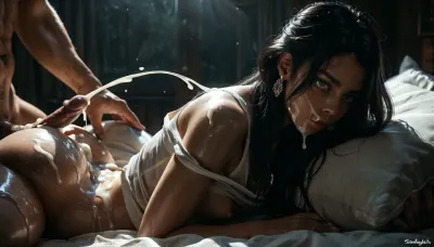 Rating_explicit, ethereal fantasy photography, (score_9, score_8_up, sharp focus, masterpiece, perfect eyes), young face, (young adult:1.5), (young:1.5), high resolution, perfect limbs, anatomically accurate, Super realistic, perfect lighting, (best shadow), 8K, UHD, clear image, (best lighting), highest quality, ultra-detailed images, Japanese, Incredibly beautiful girl naked, (black hair), long hair, realistic Japanese face, (Japanese girl Naked), cute face, (grey eyes), skinny, (white skin), ((glossy skin)), (((Curvy))), (((huge hip, thicc thighs))), ((small_breasts)), flat, chested, big waist, (Shapely body), wide hips, perfect skin, perfect face, seductive pose, (her face and expression showing a mix of submission and ecstasy and exhaustion), big round athletic ass, ((half open eyes)), (lustful face), luscious sensual lips, natural beauty, eternal beauty, (Serious face), laying on a bed bed while a man standing next to the bed is cumming all over her, night time, she is laying in bed, she is wearing a loose tank top and, one breast exposed, girly bedroom and pink aesthetics, pillows, the man has no pants on, erect penis, erect nipples, Pokie puffy large dark pink nipples, white male, male in front of female, large erect penis, the penis is very close to her face, excessive Cum on her cheeks, her face wet with Cum, excessive Cum on her pink lips. excessive Cum on her hair, excessive cum is dripping from face down her body, faceless male, huge cumshot, Object, gd, erection, sex, toy, penis, Side profile close-up, Legacy lighting, bright 1-alpha .5>, long silky raven black hair hides her face in shadow. Minimalistic dark chiaroscuro lighting and creates a dramatic effect. The overall mood of the image is sensual and seductive, with hints of anticipation and desire, (black background, chiaroscuro lighting:.5), ZipRealism, ​Moody, mysterious, magical, shallow depth of field, Shot from Stanley Kubrick movie, shot on Kodak filmodak Portra 400, vintage photography, lora, quality, SDXL_BetterFaces-LoRA_v1, .5>, <lora:reallora1:.5>, <lora:Oxygen girl_SDXL1.0:.5>, <lora:MJ52:.8>, <lora:BUT_SDXL_SHS:.8>, <lora:dark:.8>