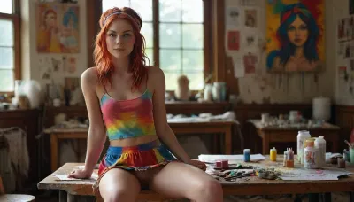 full body front view, strong light from the side, skinny confident hippy woman in sexy clothes, chucks, mini dress, colorful top, headband, red hair, silent smile, sits on table, opened thighs, (shaved highlighted pussy:1), She has a lot of desire for quick sex and looks at the viewer with a very longing look, her posture and every fiber of her body signals, "Fuck Me" she sits lazily without realizing it surrounded by a very messy semi-professional studio, painted self-portraits on the walls, paint tubes, brushes, on the wooden work table, all kinds of artist's supplies, posters on the walls, messy, Late summer afternoon, the warm light of the sun shines brightly through the window, bong on the dirty table, (her perfect pussy is visible), shaved, realistic skin, skirt, lift, <lora:MJ52:.4>, <lora:skirtLift:.8>