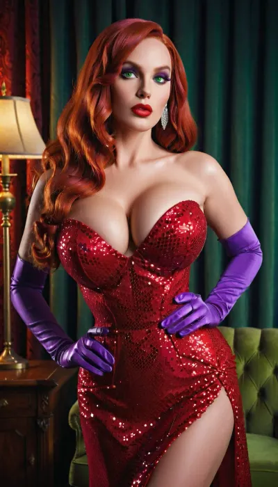 Super realistic image, full color image, 8K quality, super detail, masterpiece, Pretty Jessica Rabbit, very huge breast, long purple gloves, purple eye shadow, green eyes, red dress, full body view, JR1024, <lora:JR1024:.8>