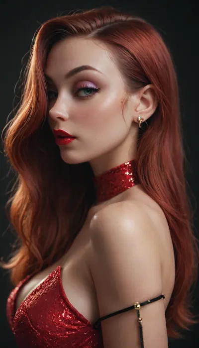 zip2d, SK_Comic, SK_DigitalArt, (score_9, score_8_up, score_7_up), (perfect eyes), (Jessica Rabbit:1.6), (incase, style of incase:.8), (concept art), (sharp focus, focus on eyes, face portrait), (profile shot, standing sideways, side-eye), (flirty, seductive, strutting), (vibrant red hair, elegant hair, glossy hair), (tight red dress, glittering dress), (elegant gloves), (heavy violet eyeshadow, long eyelashes, vibrant red lipstick)