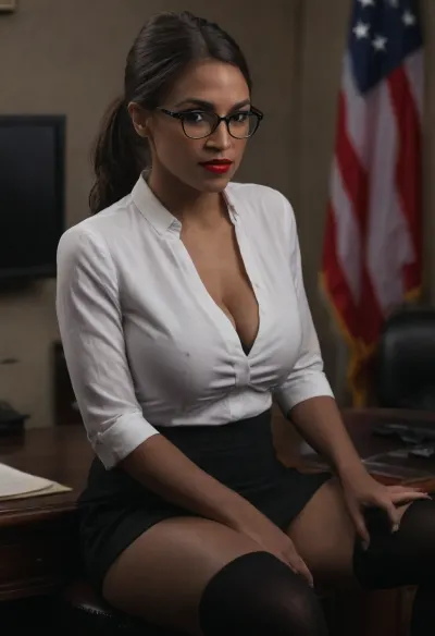 lying down, looking at the viewer. Sexy smile with red lipstick. Sitting on the Oval Office desk, sexy pose. She has Brown nipples., (((she has massive huge saggy tits.), thin white collard unbuttoned shirt, showing alot of cleavage. pulled up sexy black skirt., ((she is a dark tanned skin, Puerto Rican, 26-year-old., ((black thigh high stockings)), ((big glasses)), ((ponytail hair.)), American Flag.)))), ohwx, woman, AOC, <lora:aoc-sdxl-8:2>, <lora:AOC-000055:2>, <lora:dark:.8>