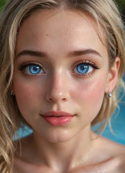 (Intricately detailed), 4K, (UHD), (HDR), poolside, (small frame 18yo, cute young adult, flat chested, nude, innocent face, young face, (makeup), long thick eyelashes, gorgeous soft blonde hair, big round blue eyes, (very bright glowing eyes), close up, very bright lighting, wet oiled shiny skin, focus eyes, sexy face, happy, excited eyes)