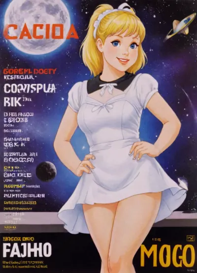 magazine white cover, fantastic, stars, moons, space, comets, retrofiturism, 8k, UHD, retro, widely, smiling, russian blonde, magazine cover, beautiful blonde 18 years old with ponytails woman, posing, white bows, black dress, white apron, soviet schoolgirl, white lingerie, white shoes, high heels, background white walls, Whore, poster, style, of, kachanov, soviet, cartoon, VintageMagStyle, <lora:milkers_v2:1.6>, <lora:206390_training_data:.8>, <lora:kachanov_style:.8>, <lora:SDXL-VintageMagStyle-Lora:.7>, <lora:Old_Sci-fi-SDXL:.8>