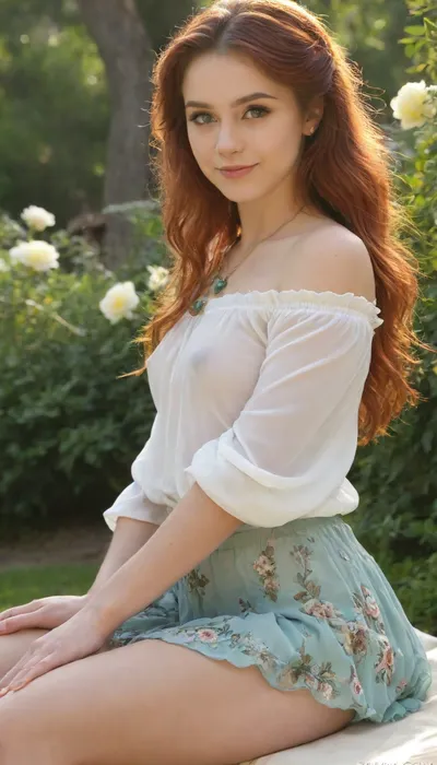 photorealistic digital painting, beautiful young woman with long wavy auburn hair, wearing a white off-shoulder blouse with floral embroidery and a blue floral skirt, sitting in a lush, vibrant garden with yellow roses, soft sunlight filtering through the trees, serene expression, delicate features, fair skin, necklace with a green gemstone, surrounded by greenery, ethereal and dreamy atmosphere, detailed textures, soft lighting, fantasy art style, flowers in the background, elegant and graceful pose, slight blush on cheeks, dreamy and tranquil mood, fairy tale aesthetic, soft shadows, high detail, vibrant colors, floral theme, nature, outdoors, fantasy setting, summer, peaceful environment, flowers in the foreground, delicate and feminine, lush greenery, soft focus, serene and calm, beautiful and enchanting, detailed background, soft and gentle lighting, realistic and detailed, high quality art, ethereal beauty, dreamy and enchanting, fantasy and nature, detailed and realistic, soft and dreamy, vibrant and colorful, serene and peaceful, high quality digital painting, ethereal and dreamy, soft and dream