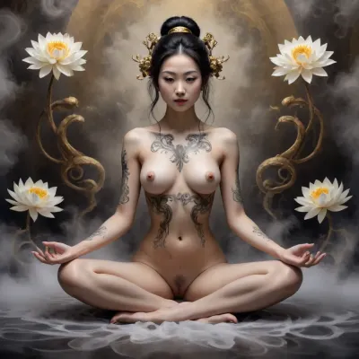 divine mystical female figure, sitting in lotus position, nude but abstract and stylized in ink wash style, six arms, (three on each side), extended outward gracefully, each arm has glowing eyes embedded in them, serene and otherworldly expression, tentacles emerging in the background like shadows from another realm, surrounded by swirling mist and chrysanthemums, traditional Japanese ink style, dark fantasy, gold and black tones, elegant, spiritual, ancient and mysterious atmosphere