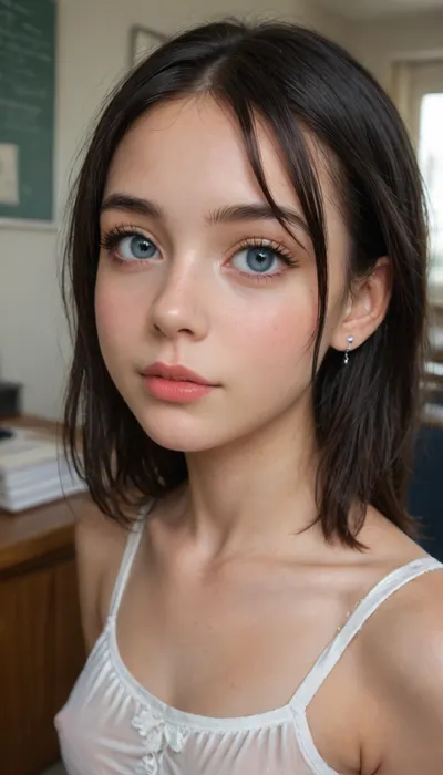 (Very young girl:1.9), ((Close-up girl)), (((upper body))), ((Gorgeous girl)), (detaled big eyes), front view, (((18 year old))), British female, beautiful slender body, medium breasts, perfectly shaped small ass, (((very straight long Black hair))), Bangs, Gorgeous elongated oval shaped face, (((makeup))), eye liner and eye shadow, eyelashes, beautiful aroused smirk, (wearing a low cut white blouse, wearing a black skirt, black thigh high nylon stockings:1.3), (she is seductively posing in front of an office desk), location is in a classic office room, full body view, soft lighting, ((erect nipples))