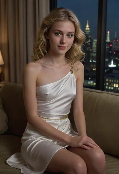 1 girl, white skin, Scottish, sharp nose, high cheekbones, green eyes, (sitting on a couch), very cute, happy smiling face, (blonde hair), long wavy hair, (hair parted to one side), skinny, short waist, petite, (wearing a sheer white silk toga fastened with a golden clasp on 1 shoulder), in an extravagant penthouse, marble floors and decorations, couches, chairs, windows looking over a city skyline, midnight, stars, moonlight, high quality photography, realism, high resolution, braless, Wearing, clothes, that, make, sense, with, Braless>, <lora:ahxl_v1:.8>, <lora:bralessSDXL_v1_00022:.8>