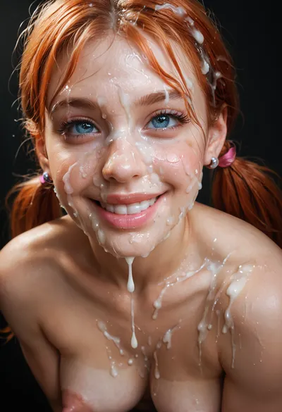 28 year old, close face and body shot of her excessive bukkake, eyes half open, realistic skin with pores and freclkes, happy and orgasmic grin, hd Pastel blue eyes and detailed iris, Long perfect ponytails in hair, head tilted to side and shyly looking away from viewer, cumshots, facial portrait picture of her from 6ft distance away, face in cum facial, with natural minimal makeup, (a lot of Cum on her face, cum on her eyelashes, Cum dripping off puffy pink erect nipples, Cum on her eyelid, Cum on her cheek skin, her face wet with Cum, Cum on her pink lips. cum on her hair, cum dripping from face between her breasts), (wide_set perky medium saggy breasts), (large puffy areola), (thick puffy erect cold nipples), woman, cum, on, face, ((ginger marinette)), <lora:JustCum:1>, <lora:add-detail-xl:1>