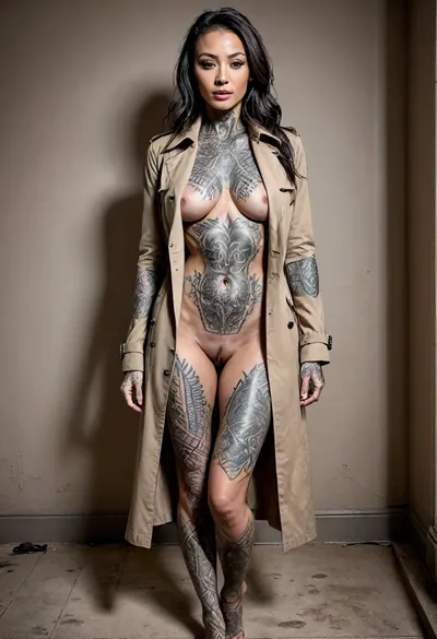 woman, ASIAN Female, 35 year old SUPERMODEL, very long greying hair, muscular, long legs, Tall, Slim, toned body, ripped body, perfect large perky breasts, sweaty oily skin, toned hard body, stern face, muscular arms, ((second world war trench coat)), (HEAVILY TATTOOED ARMS), SEXY POSE, VERY BROAD SHOULDERS, SLIM HIPS AND WAIST, PEFECT LIPS, PERFECT NOSE, <lora:uberfit_lora_sdxl:.5>, <lora:PerfectEyesXL:.5>, <lora:DarTataBodGPlus:.1>