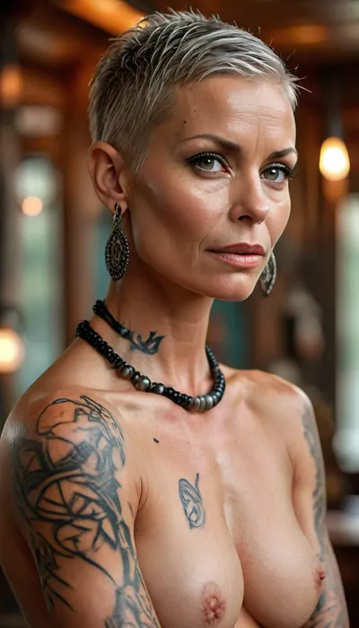 naked woman, German Female, 50 year old SUPERMODEL, buzzcut platinum greying hair, muscular, long legs, Tall, Slim, toned body, perfect large perky breasts, sweaty oily skin, toned hard body, stern face, (LARGE POLINESIAN BLACKWORK TATTOOS AT ARMS), SEXY POSE, VERY LEAN BODY, SLIM HIPS AND WAIST, PEFECT LIPS, PERFECT NOSE, Tribal, Tattoos, necklace, bracelets, bangles, anklets, <lora:uberfit_lora_sdxl:.1>, <lora:PerfectEyesXL:.5>, <lora:Anime_Jungle_Tribal_Style:.8>, <lora:MJ52:.8>