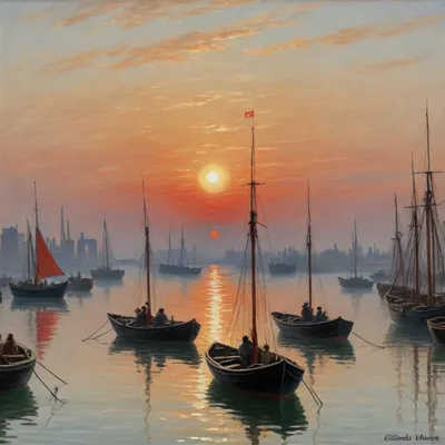 Impressionism, painting by Claude Monet "Impression. The rising sun." The painting depicts the port of Le Havre at dawn. The central elements are two small rowing boats in the foreground and a red Sun. There are several more fishing boats in the middle plan, and clippers with tall masts in the background on the left side of the painting.