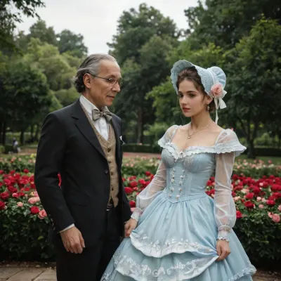 masterpiece, best quality, 1girl, 1black man, (an old black man with a naked torso), Lustfully looks at a poor old black male gardener in a park watering roses, J.C., Leyendecker, Style, page, short, whdbd, A lustful look, blue, dress, jewelry, necklace, bonnet, long, sleeves, bow, lace, trim, frills, pantyhose, country estate, well-kept park, beautiful flower beds, <lora:J.C. Leyendecker Style:.4>, <lora:whdbd XL:.8>
