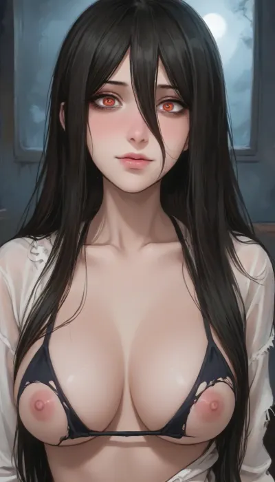 score_9, score_8_up, score_7_up, score_6_up, aroma, ((Anime Style:1)), detailed nipples, (((Sadako Yamamura))), 1girl, solo, long hair, black hair, very long hair, (mess hair), torn clothes, hair over eyes, torn bikini, grey skin, mini bikini, yamamura sadako, hair over one eye, (((yandere, psychosis, possession, dangerous, crazy))), blush, (heavy breathing), steam, (bags under eyes), night, television, sweat, head tilt, smile, (wavy mouth), cleavage, (huge veiny breasts, saggy), ((close up)), (night, dark room), (red glowing eyes), on all four, crawl forward, glitches, lean forward, (gothic style, dark theme, low light, cold colors, nightmare), style anime, inspired illustration, ratatatat74, <lora:ratatatat74-000050:1.9>, <lora:outline_xl_kohaku_delta_spv5x:1.4>, <lora:cartoon_stickers_xl_v1:1.8>, <lora:NEOTOKIOXL_0.2_RC:.4>