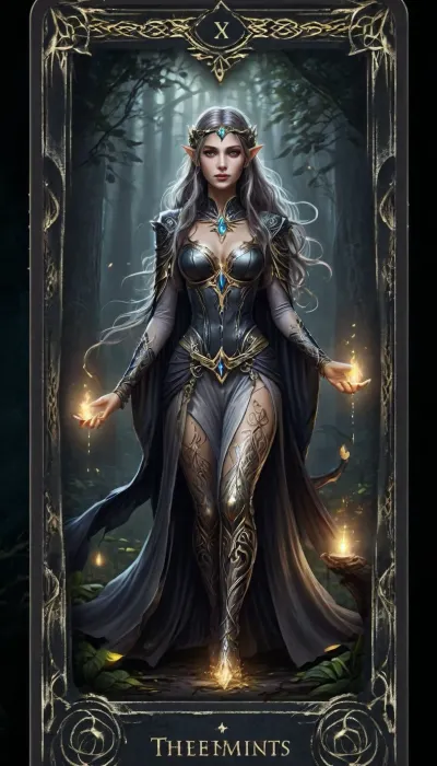UHD 8K, extreme realism, maximum detail, pretty woman. score_9, score_8_up, score_7_up, score_6_up, beautiful face. A mystical, elegant epic tarot card titled "The Elf". The border of the card is crafted with aged silver elven arabesques, stylized leaf designs, and ancient nature symbols. At the top, the title reads "The Elf", and at the bottom the element "Nature", both in ornate elvish-gothic lettering.

In the center stands a beautiful elven woman with brown skin, tan skin, glowing softly like polished bronze. Her long, flowing hair is white with silver-gray tones, partly braided and decorated with subtle elven ornaments.

Her eyes shine in a golden amber hue, with narrow pupils and a calm, mysterious expression. Her face is refined and regal, with sharp elven features and long, pointed ears.

She wears an elegant black elven outfit sexy, made of layered, flowing fabrics with silver-gray embroidery. The outfit is both noble and practical, featuring long sleeves, a subtle neckline, and slits on the sides revealing leg tattoos with runes.

She holds a dark wooden curved bow etched with glowing runes, and a spirit animal—such as a translucent raven or panther—rests beside her.

The background is an ancient forest at twilight, with soft ambient light, glowing mushrooms, towering trees, and a silver mist floating near the ground. The scene radiates ancient magic, wisdom, and harmony with nature.

The artwork should be realistic and cinematic, with gentle lighting and finely detailed shadows. Color palette, black, silver, gray, warm gold, and natural tones. Ultra HD magical tarot card illustration., <lora:detailed_notrigger:.8>, <lora:edrtcard:.8>, <lora:add-detail-xl:.8>, detailxl, <lora:DetailedEyes_V3:.8>