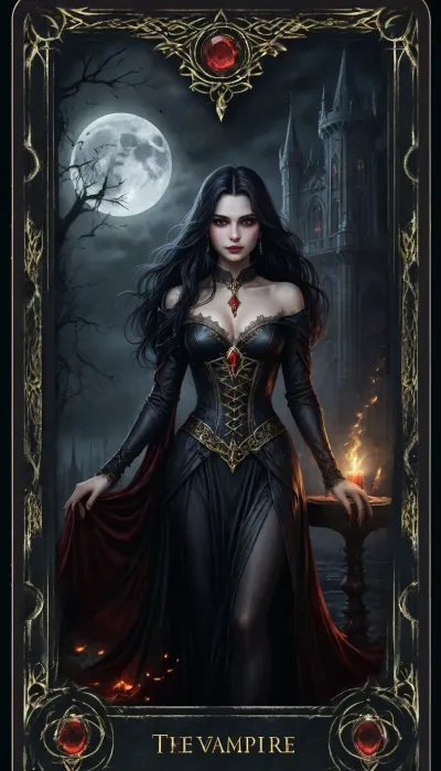 UHD 8K, extreme realism, maximum detail, pretty woman. score_9, score_8_up, score_7_up, score_6_up, beautiful face. A detailed gothic tarot card titled "The Vampire". The card has an ornate golden gothic border. At the top, the card reads "The Vampire", and at the bottom "Dark", both in elegant gothic lettering.
In the center is a stunningly beautiful and sensual vampire woman. She has porcelain-pale skin, long flowing black hair, and glowing ruby-red eyes. She wears a tight, black, elegant dress with a plunging neckline and silk-like texture. Her expression is seductive with a mysterious smile.
The background is a medieval night scene, an ancient castle in the distance, a full moon casting pale light, dead trees, and a misty fog surrounding everything. The atmosphere is mysterious and darkly powerful.
The art should be realistic, with dramatic lighting, strong shadows, and high contrast. Dominant colors, deep red, gray, and gold. Ultra HD quality.. Ultra HD, gothic tarot card style. Ultra HD magical tarot card illustration., <lora:detailed_notrigger:.8>, <lora:edrtcard:.8>, <lora:add-detail-xl:.8>, detailxl, <lora:DetailedEyes_V3:.8> UHD 8K, extreme realism, maximum detail, pretty woman. score_9, score_8_up, score_7_up, score_6_up, beautiful face. A detailed gothic tarot card titled "The Vampire". The card has an ornate golden gothic border. At the top, the card reads "The Vampire", and at the bottom "Dark", both in elegant gothic lettering.
In the center is a stunningly beautiful and sensual vampire woman. She has porcelain-pale skin, long flowing black hair, and glowing ruby-red eyes. She wears a tight, black, elegant dress with a plunging neckline and silk-like texture. Her expression is seductive with a mysterious smile.
The background is a medieval night scene, an ancient castle in the distance, a full moon casting pale light, dead trees, and a misty fog surrounding everything. The atmosphere is mysterious and darkly powerful.
The art should be realistic, with dramatic lighting, strong shadows, and high contrast. Dominant colors, deep red, gray, and gold. Ultra HD quality.. Ultra HD, gothic tarot card style. Ultra HD magical tarot card illustration., <lora:detailed_notrigger:.8>, <lora:edrtcard:.8>, <lora:add-detail-xl:.8>, detailxl, <lora:DetailedEyes_V3:.8>