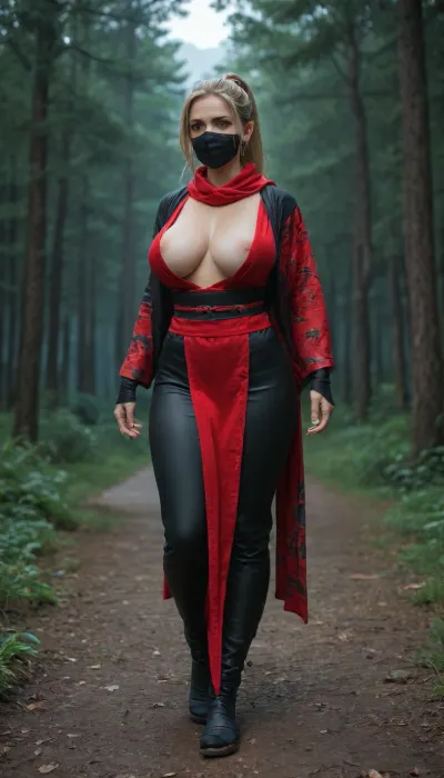 long blonde hair in ponytail, assassin, whore, (((huge natural breasts:1.5))), tattoos, night, forest background, ninja costume, face mask, hourglass figure, full body view, red scarf, kimono, sexy pose