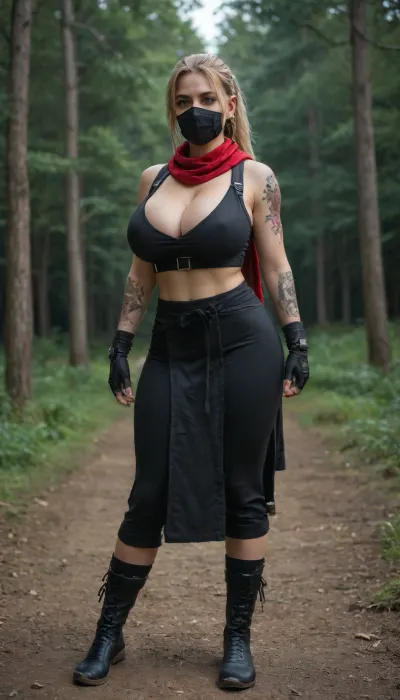 long blonde hair in ponytail, assassin, whore, (((huge natural breasts:1.5))), tattoos, night, forest background, ninja costume, face mask, hourglass figure, full body view, black crop top, scarf, kimono