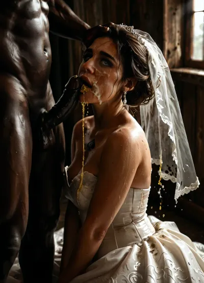 (((interracial))), large black penis, (brutal black man), detail face, realistic face, (((black penis pissing on the bride's face))), wet wedding dress, yellow piss, A dark and melancholic atmosphere, A dark and moody modern house interior, thick blackout curtains drawn shut, a thin beam of soft light seeping through a small gap in the curtains, minimalistic furniture, cold and muted color palette, (dark greys, deep blues), dust particles in the light, atmosphere of stillness and sadness, cinematic lighting, high contrast shadows, quiet and empty. giant muscular black skin man, black man step on the bride, traditional Persian chubby bride in sexy cutout wedding dress, torn white stockings, (black spades tattoo), . body, step on her head, Yellow urine filled the bride's mouth, yellow urine overflowing from the corners of her lips., BadX, soakingwetclothes, <lora:MJ52:.8>, <lora:dark:.5>, <lora:soakingwetclothesXL:.8>, <lora:piss_in_mouth_deepmind:1.2>, <lora:932836_training_data:.8>