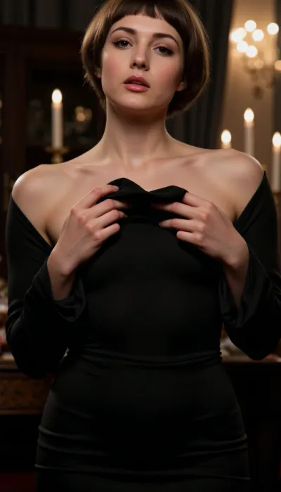 Dive into the mysterious world of At Satan's Ball with our new challenge, featuring Margarita from Bulgakov's novel "The Master and Margarita." Imagine a magnificent ball filled with enigmatic characters, magical lights, and an atmosphere where reality intertwines with fantasy. Margarita, in her elegant black dress and with her striking eyes, embodies strength and passion, ready to rise against the mundane. Use this inspiration to create stunning works of art that reflect the magic and drama of Satan's Ball, where every detail can tell its own story, ((topless))