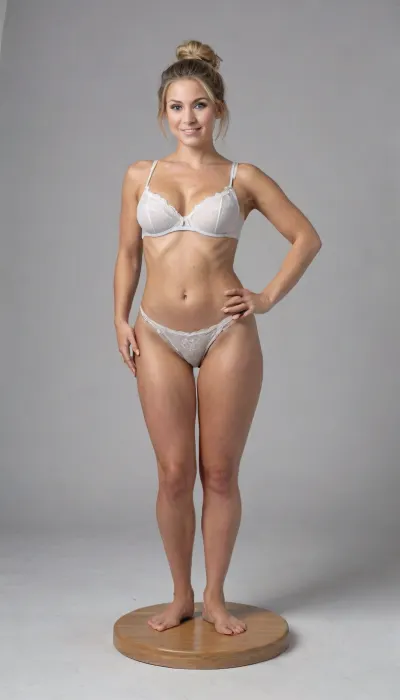 She is 45 years old female mom, wife, her height is 175cm., ((smokey blonde thick hair up fully in a messy bun)), .
long round oval face, nice closed smile, blue eyes, (small bust), size b breasts, sagging tits, perky little breasts, hard nipples, dark colored nipples and vagina, trimmed vagina, tan lines, pale breasts.
Sun Tanned skin, fake tan.

Standing perfectly straight in view, facing the viewer, ANATOMICAL VIEW OF THE FEMALE BODY.
Female form, Palms facing the viewer, feet stood apart, arms to her side, ready to have a full body scan.
Standing on a flat plinth.
Standing on electric scales, presenting herself like a Human trophy.
Female anatomy on display.

Standing in the "2.6 Anatomical View of the Body", standard anatomical position and directional terms used to describe the human body. In this position, the body is upright, with feet together, arms at the sides, and palms facing forward. This standardized position allows for consistent understanding of anatomical locations and relationships. She is standing perfectly Infront of the viewer.
Blank black background, blank backdrop.

Wearing white cotton lace underwear panties and bra.

perfect hands, perfect feet, natural looking.
3D model t-pose pose for a game character file.
Crucifix style pose.

belly bulge, (little bit of cellulite), elegant woman, mature beauty, slim figure, light tiredness, realistic aging., (medium to full figure:1), (natural soft belly:1.1), (curvy body:1.2), (soft figure:1.2), real.

round wide hips, thin waist, thin thighs, slim legs, Full body, Realistic body detail and textures. Staring directly at the viewer, eye contact.
very, flash.
astonrichardsxl.