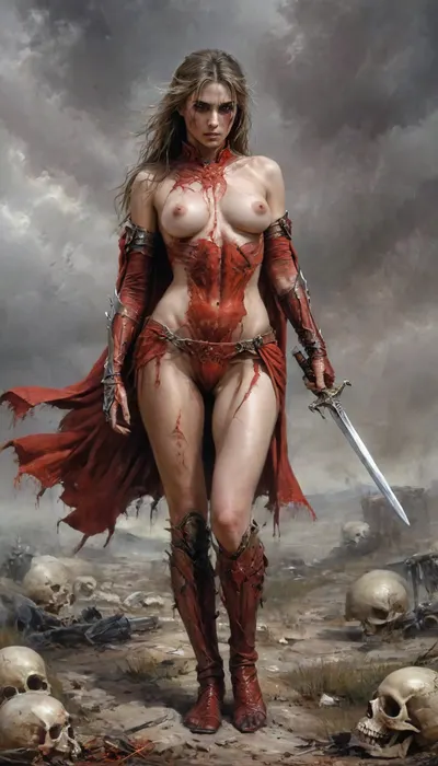 (full body portrait), nude, full frontal, wearing torn red cloack floating in the wind, gore, female warrior, partially wearing plate armor, (horror:1.2), standing in abadoned battlefield, skulls, highres, extremely detailed, highly detailed, intricate details, myaffantasy, artistic style by Luis Royo, <lora:Luis Royo and Woman v.2:.7>, clear focus, hugs from behind, fantasy, artstation, (epic realism:1.1), (HDR:1.1), cinematic, detailed, photorealistic, <lora:tokisaki kurumi huajia_v8_06:.5>, <lora:xl_more_art-full_v1:.5>, <lora:oil painting:.3>
