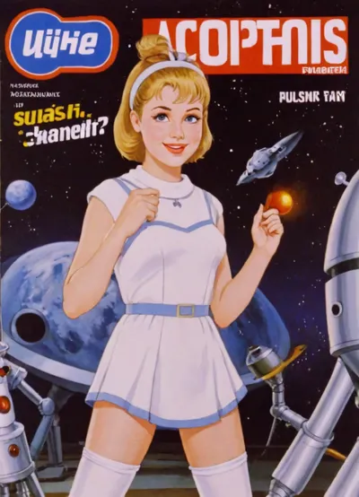 magazine white cover, bright, fantastic, stars, moons, space, comets, robots, 50's, retrofiturism, 8k, UHD, retro, widely, smiling, russian blonde, magazine cover, petite body, hair bun, beautiful blonde 18 years old with petite woman, posing, white dress, white apron, soviet schoolgirl, white high boots, high heels, spase background, Whore, poster, style, of, kachanov, soviet, cartoon, VintageMagStyle, <lora:206390_training_data:.8>, <lora:kachanov_style:.8>, <lora:SDXL-VintageMagStyle-Lora:.7>, <lora:Old_Sci-fi-SDXL:.8>, <lora:boots:1.5>