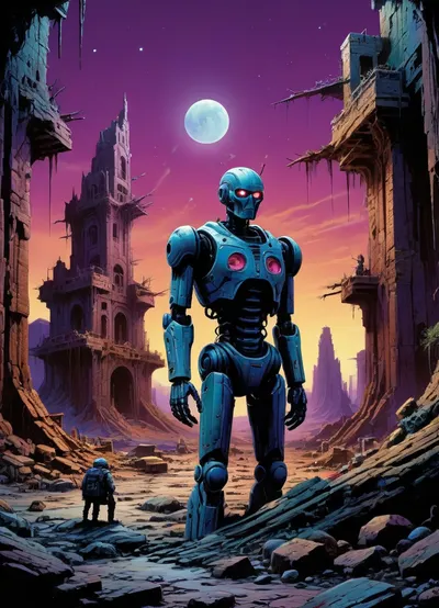 Apocaliptic world, ruins, robot, android, night, style, of, drawix9, dwx9, NEGATIVE_HANDS, Richard, Corben, Style, <lora:tbh235-sdxl:.8>, <lora:drawix9:.8>, <lora:Richard Corben Style:.8>