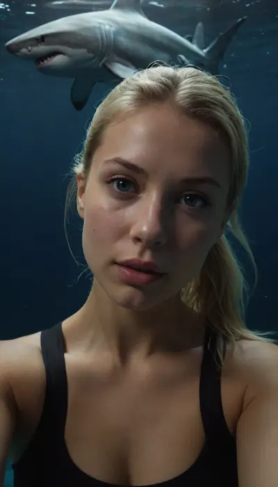 petite blonde, ponytail, realistic beautiful face, underwater selfie, giant shark appears behind, (dark underwater scene)