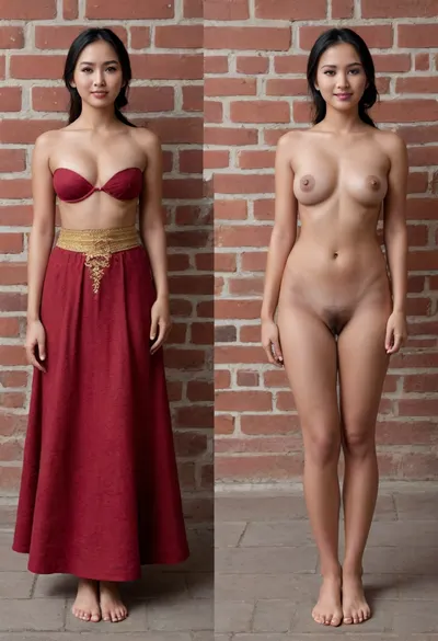 Before and after, Woman of Brunei, (in front of a brick wall), (She is wearing a traditionel dress.), BREAK, (completely naked), zoom out, full body, <lora:OnoffXL_ExtraCrispy:.4>