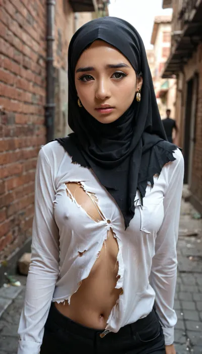 Pretty girl, 18 years old, sad, asian, black hijab, skinny, ripped off shirt, torn, small boobs, dark alley, half naked, shy walking, face look down, man hand ripping the shirt, hand POV