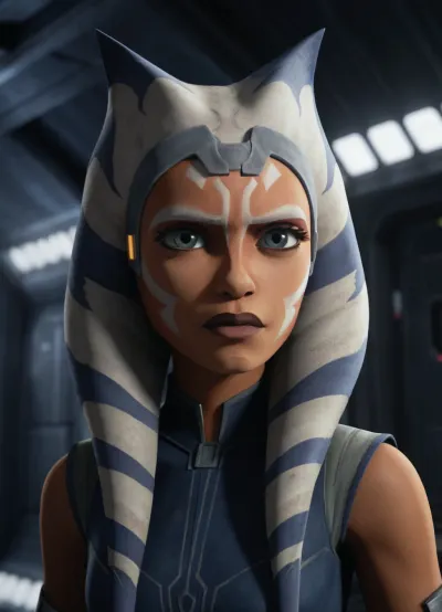 a close up film still of ahsoka tano from early episodes of star wars the clone wars animation, metal space room in the background, <lora:asohka_v1.0:1.2>, ahsokatano, <lora:ahsokatano-10:.8>