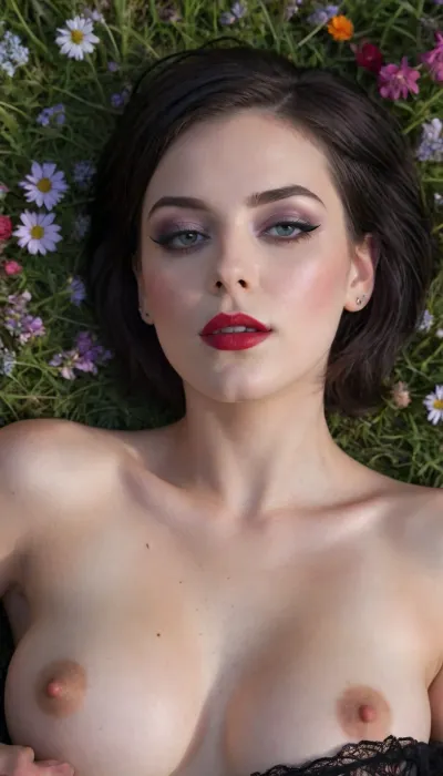 masterpiece, ultra high res, photorealistic, 1girl, petite young woman with short black bob haircut, gothic punk style, pale skin, subtle dark makeup with smoky eyes and black lipstick, delicate silver piercings, dressed in dark vintage clothes with edgy accessories, lying on her back on a colorful flower meadow, looking directly at the camera with a mischievous smile and sparkling eyes, dramatic lighting with half of her body illuminated by red light and the other half by blue light, natural shadows enhancing depth, detailed skin texture and fabric details, wildflowers around her, relaxed pose, cinematic atmosphere, <lora:realisticVisionV5:.85>, <lora:facial-detail-v2:.8>, (blowjob:1.6), woman, cum, on, face, <lora:JustCum:.8>