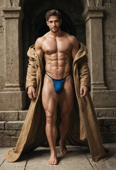 Only gay scene, very sexy beefy man, 49-year-old, short brown hair and beard, muscular, nice body, abs, bulge, bubblebutt nice pecs, sexy hot dilf, wearing very long flowing coat, flowing in the wind, wearing just a tight thong, bulging thong, big butt, flowing outfits, heavy wind, anime fantasy, shy smile to the viewer, standing proudly in high montain, fantasy ancient temple, night time, low lighting, solo picture, only gay men, hot teasing man, sexy teaser man, full length view