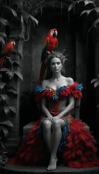 jungle queen on stone throne wrapped in vines, wearing a dress made of colorful parrot feathers, red macaw perched on her shoulder, black and white jungle scene with only feathers and bird in full color, cinematic fantasy, tropical humidity, detailed and sensual