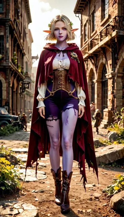Hooded cloak, torn clothes, elf ears, purple skin, steampunk, full body view