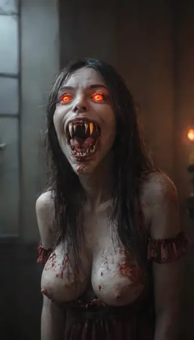 masterpiece, score_9, score_8_up, score_7_up, 1girl, from below, beautiful sexy terrifying vampire woman in a black dress leaning over the viewer inside a dark room at night, medium shot, (standing and lunging forward), threatening pose, ((bright red glowing eyes:1.9)), (stunning pale white-skinned vampire woman with long flowing black hair and wearing a black brocaded dress), slender very tall body, (ghastly pale pale white skin), (blood-soaked mouth with vampire fangs dripping blood:1.2), (((very very long vampire fangs:1.9))), hungry expression, large naturally sagging breasts with prominent pale nipples, hawkish nose, tall tall face, black eyebrows, strong cheekbones, (hairy bush), ((black brocaded dress)), downblouse, face focus, cleavage, nighttime, inside a very dark room with stone walls at night, dim lighting, very aesthetic, subsurface scattering, decaying skin texture, rotted skin texture, detailed skin texture, skindentation, vampire woman, insane level of detail, horror, scene, dark, glowing, eyes, rooms, girl, gore, Perfect, Fangs, fangs, sharp, teeth, fang, <lora:Mistress_of_the_night-000016:.5>, <lora:3cfdf102b8e09e99ae7eb77b194d9459:1.7>, <lora:MJ52:1.7>, <lora:Unfazed vampire - XL SDXL V1.0:1>