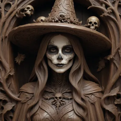 A detailed, sepia-toned wood carving in the Gothic style depicts a witch with long, wavy hair, a pointed, leaf-decorated hat, and a tattered cape. Her face is painted with a grotesque skeleton mask. Surrounding her are skulls, bats, and twisting, thorny vines, creating a macabre, eerie atmosphere. The background is densely filled with intricate, organic patterns, creating a dark, mystical atmosphere. #©KITTYART

























#©KITTYART