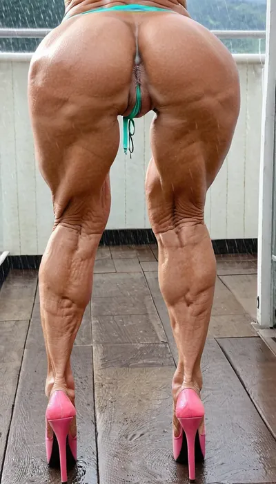 just close up legs, gilf woman, very old bodybuildingskinny body, big pussy labia, muscular legs in neon color platform mules high heels, from back view, muscles stiration, naked pussy, net stockings, stand broad, strong calves, in penthouse, close up feets, platform mules, mules, in the rain, do, you, like, my, bum, <lora:doyoulikemybum:.8>, Flamingo-800sk, High, heels, Sneaker, Stripper, <lora:Pleaser_flamingo-800sk_red-000017:.8>
