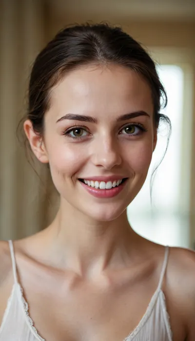 beautiful slim woman, a thin neck, a thin nose, quite long but very harmonious, lively and laughing eyes, a mischievous smile, thin lips and wide mouth, well-defined jaw, natural beauty