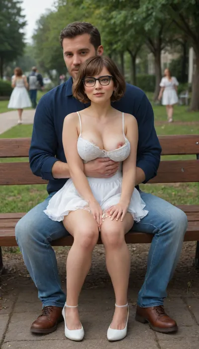 in this photo we see 3 people, 2woman and 1man sitting on a bench in a park. 1woman is tiny Velma, brunette, big tits, very torn school uniform, very short skirt. 2woman is Elsa, blonde, huge tits, very torn wedding dress. 1man is casual dressed, open jeans, huge cock out.
Man is sitting between tiny Velma and Elsa. tiny Velma has her hand on cock, cum on hand, cum on legs, cum on clothes. Elsa is hugging man. full body view, man is full in frame