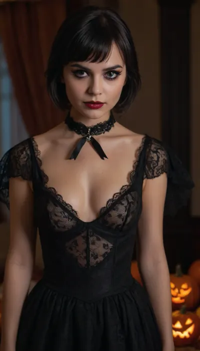 RAW Photo, amateur photo, bad light, DSLR, professional color graded, (makeup, eyeliner:1.2), choker, ((pelvic curtain dress)), angel wings, vampire fangs, halloween party, carved pumpkins in background, round face, short messy black hair, bangs, drunk face, natural body, small breasts, sharp focus, HDR, 8K resolution, intricate detail, sophisticated detail, depth of field, analogue RAW DSLR, photorealistic, looking at viewer