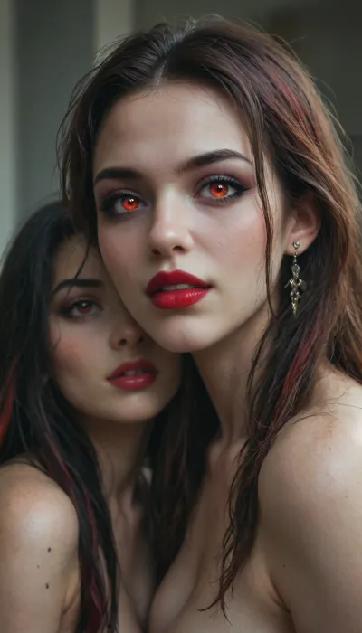 Two 18 year old vampire sisters, very long black and rainbow hair, red lipstick, glowing red eyes, black eyeliner, black eyelashes, black eyeshadow, <lora:Halloween_Series_Scary_Vampire-000009:.8>, <lora:Stunning_eyes_2:.8>, <lora:Dead_Beauty:.8>