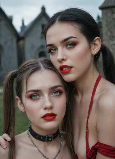 (((two 18 year old vampire girls))), midevil, light green eye, green eyeshadow, sad face, closed mouth, one with black hair with rainbow hair, pigtails, red lipstick, vampire, vampire teeth, in a dark graveyard, bound in chains, pale skin, pale, skin, <lora:Pale_Skin_SDXL_v1.0:.8>, supermodel, face, big, lips, <lora:Beautify-Supermodel-SDXL:.8>, <lora:ahxl_v1:.8>, Subspecies, style, <lora:Subspecies style:.8>