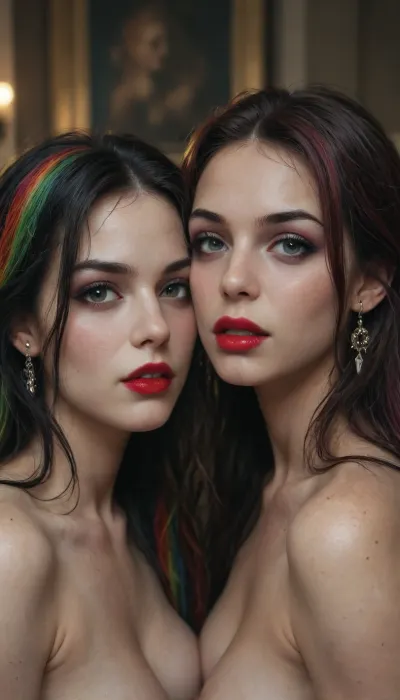 Two 18 year old vampire sisters, very long black and rainbow hair, red lipstick, black eyeliner, black eyelashes, black eyeshadow, <lora:Halloween_Series_Scary_Vampire-000009:.8>, <lora:Stunning_eyes_2:.8>, <lora:Dead_Beauty:.8>