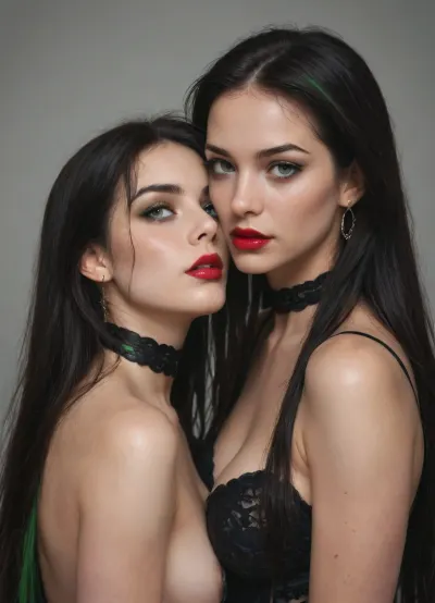 Two 18 year old vampire sisters, one with very long black hair, one with very long rainbow hair, red lipstick, black eyeliner, green eyeshadow, both wearing black neck chokers