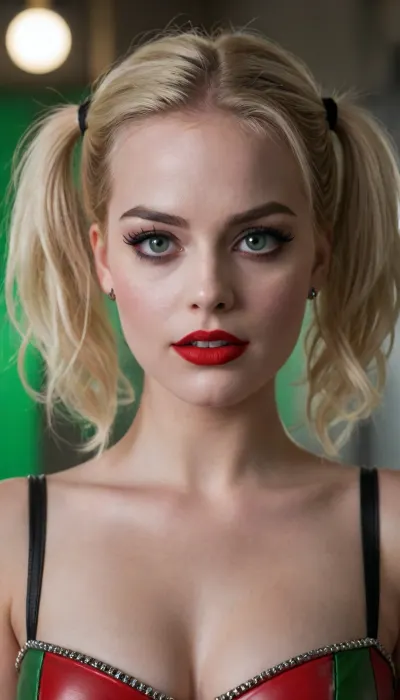 18 year old Harley Quinn, red lipstick, green eyes, medium breasts, black eyeliner, full body picture, ohwx, woman, <lora:margot_lora_sdxl_v1-000006:.8>