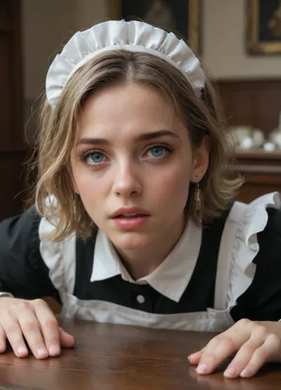 maid on the dining table, she is scared and in pain